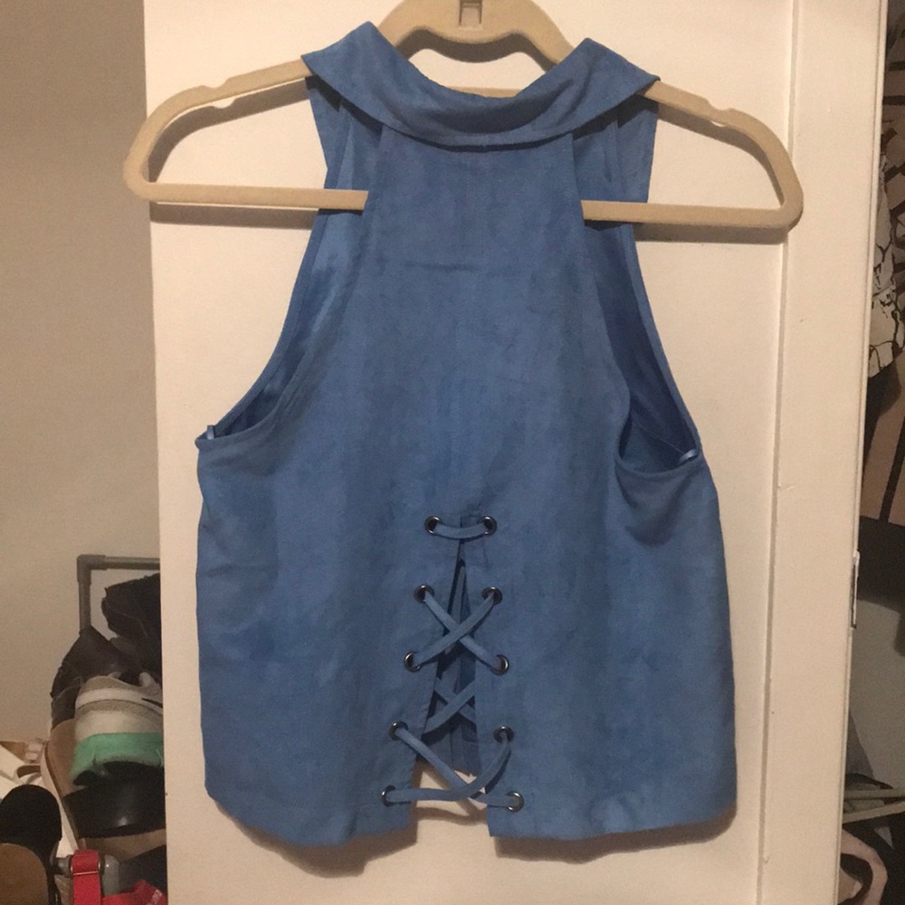 Blue Faux suede back lace up top